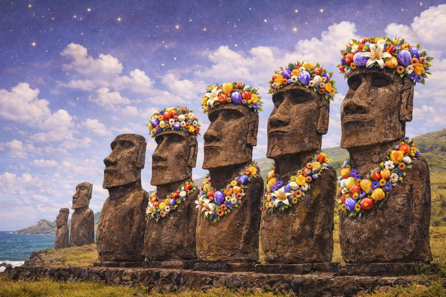 Moai statues on Easter Island wearing bright Easter flower garlands and headdresses